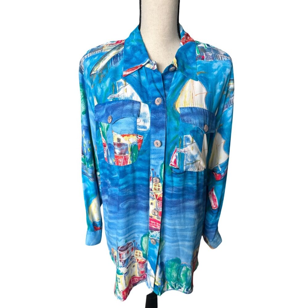 Saint Germain Button Up Shirt Long Sleeve Blue Coastal Sailboat Custom Medium